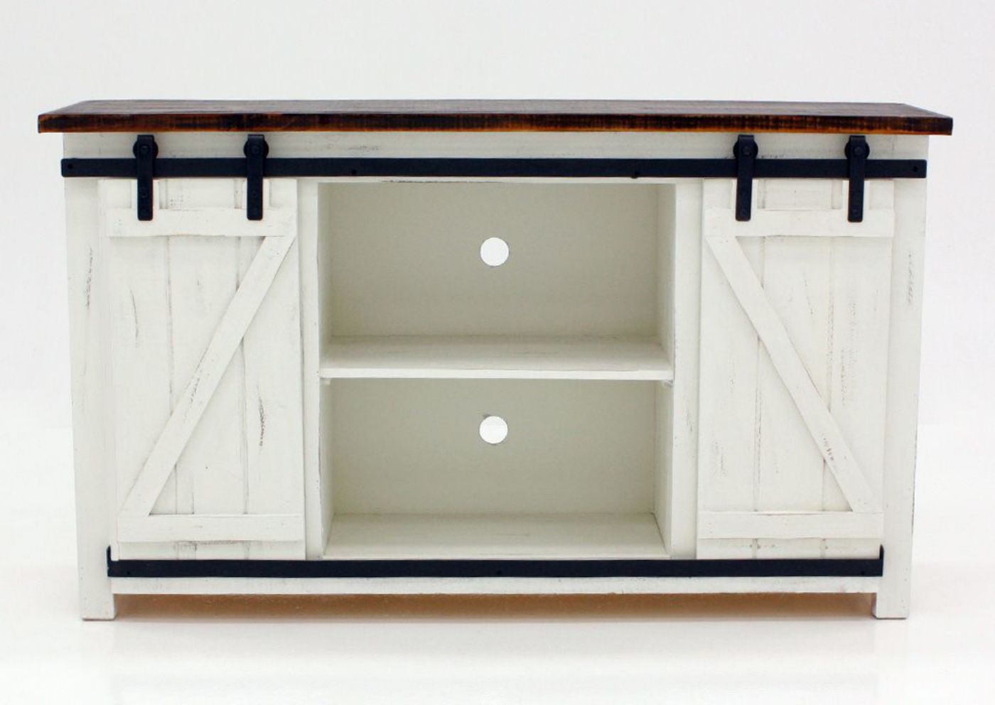 White and Brown Diego TV Stand Facing Front | Home Furniture Plus White and Brown Diego TV Stand With the Barn Doors in the Center | Home Furniture Plus Bedding