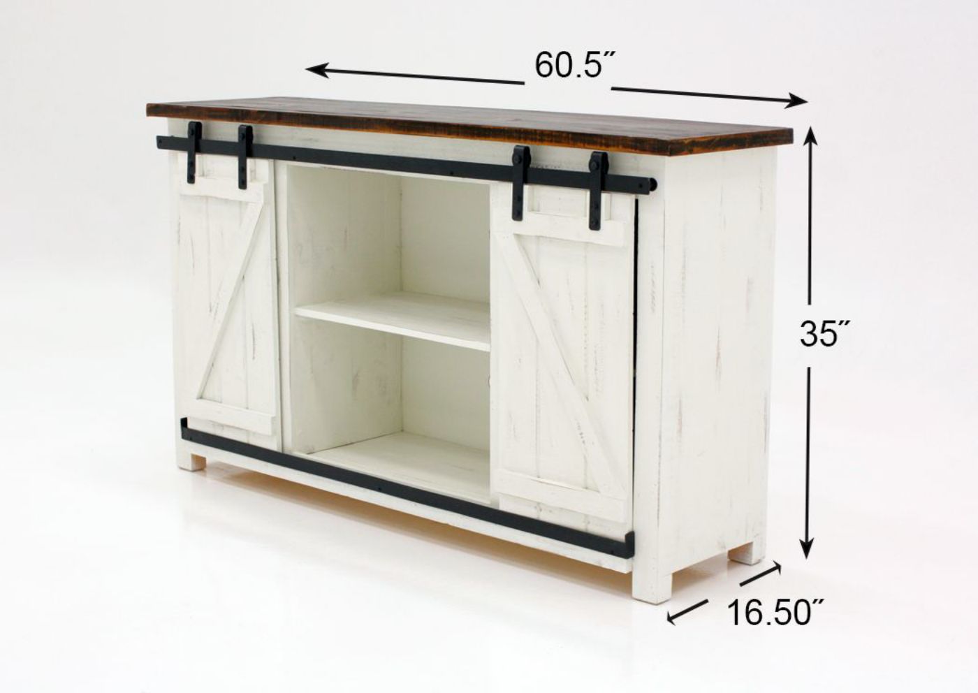 White and Brown Diego TV Stand Dimensions | Home Furniture Plus White and Brown Diego TV Stand With the Barn Doors in the Center | Home Furniture Plus Bedding
