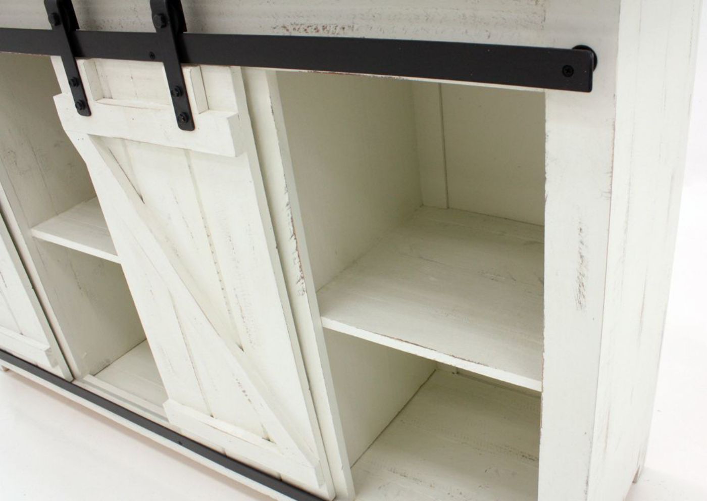 White and Brown Diego TV Stand Showing a Barn Door and Shelves | Home Furniture Plus White and Brown Diego TV Stand With the Barn Doors in the Center | Home Furniture Plus Bedding