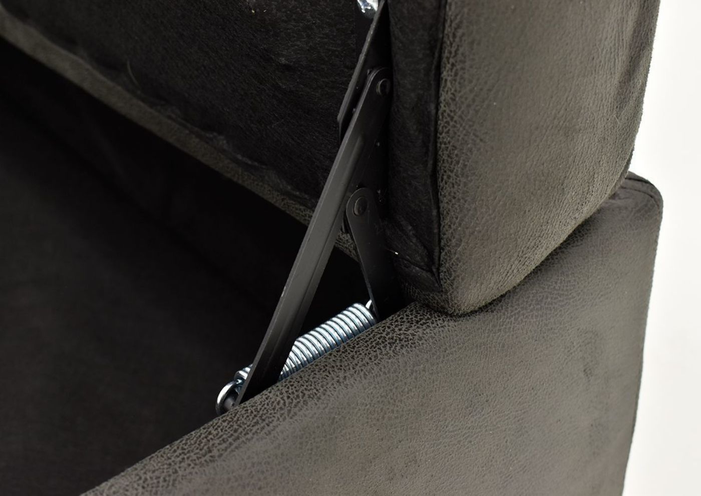 Close Up View of the Bolton Ottoman Lift Mechanism with Top Open - Gray | Home Furniture Plus Bedding