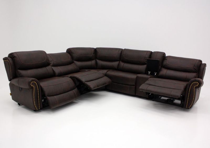 Brown Austin POWER ACTIVATED Sectional Sofa by Manwah Showing the Front View in a Reclined Position | Home Furniture Plus Bedding