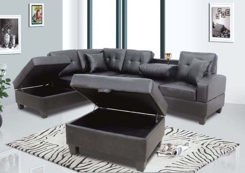 Alternate Room View of the Opened Ryder Storage Sectional and Opened Storaqge Ottoman in Black by Global Trading Unlimited | Home Furniture Plus Bedding