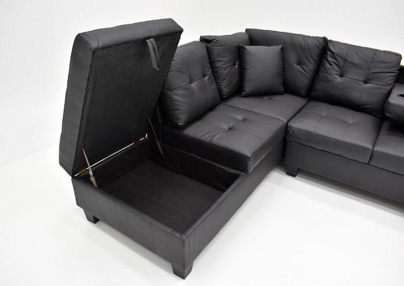 Close View of the Open Storage Compartment on the Ryder Storage Sectional in Black by Global Trading Unlimited | Home Furniture Plus Bedding