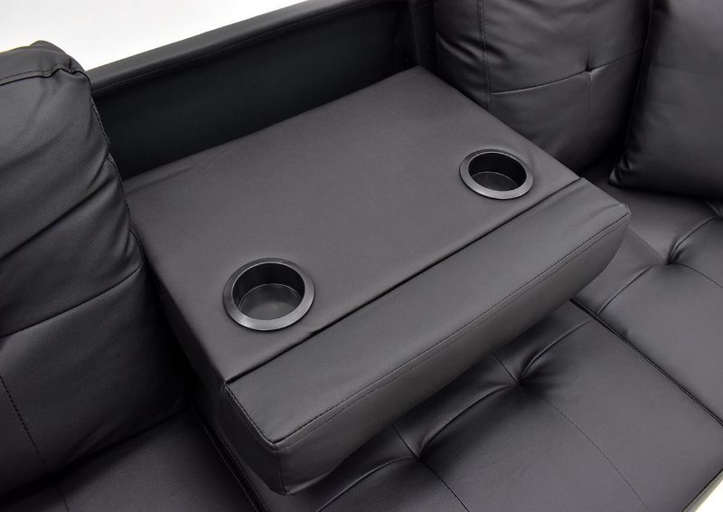 Close Up View of the Flip Down Cup Holders on the Ryder Storage Sectional in Black by Global Trading Unlimited | Home Furniture Plus Bedding