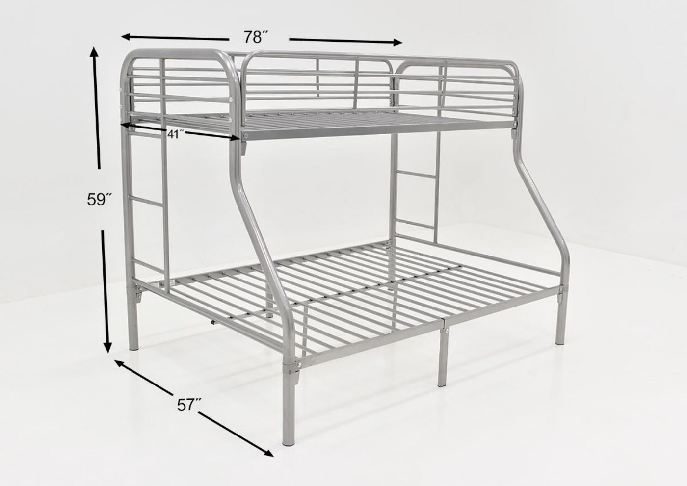 Angled View with Dimension Details of the Silver Metal Twin-over-Full Bunk Bed by Kith Furniture | Home Furniture Plus Bedding