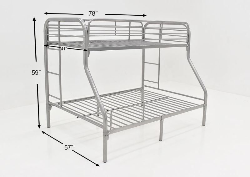 Angled View with Dimension Details of the Silver Metal Twin-over-Full Bunk Bed by Kith Furniture | Home Furniture Plus Bedding