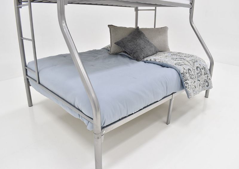 Angled Side View of the Bottom Bunk  of  the Silver Metal Twin-over-Full Bunk Bed by Kith Furniture | Home Furniture Plus Bedding