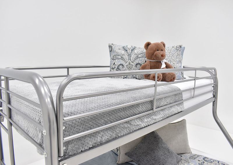 Angled Side View of the Top Bunk  of  the Silver Metal Twin-over-Full Bunk Bed by Kith Furniture | Home Furniture Plus Bedding
