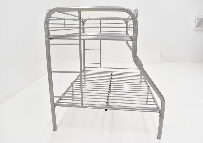 Side View Depicting the Construction of the Silver Metal Twin-over-Full Bunk Bed by Kith Furniture | Home Furniture Plus Bedding