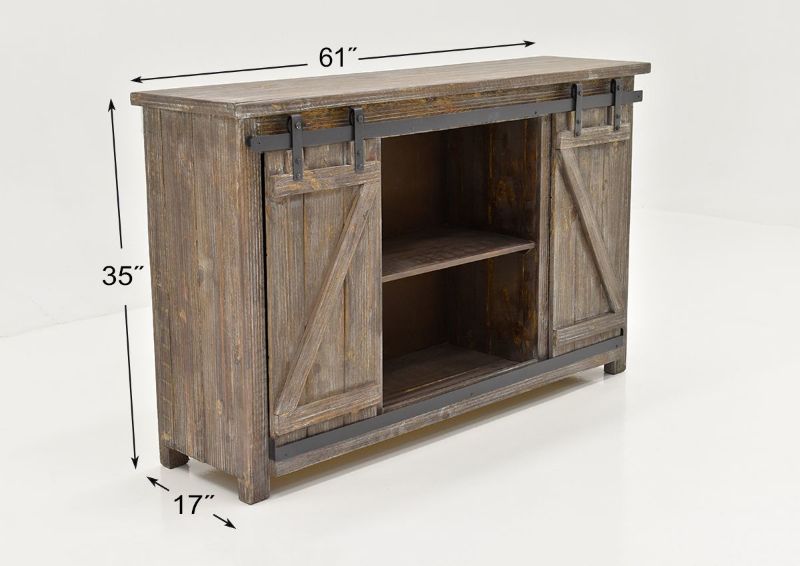 Angled View with Dimensions of the Diego 60” TV Stand in Barnwood Brown by Vintage Furniture | Home Furniture Plus Bedding