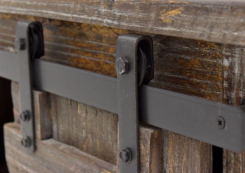 Close Up View of the Black Metal Hardware on the Diego 60” TV Stand in Barnwood Brown by Vintage Furniture | Home Furniture Plus Bedding