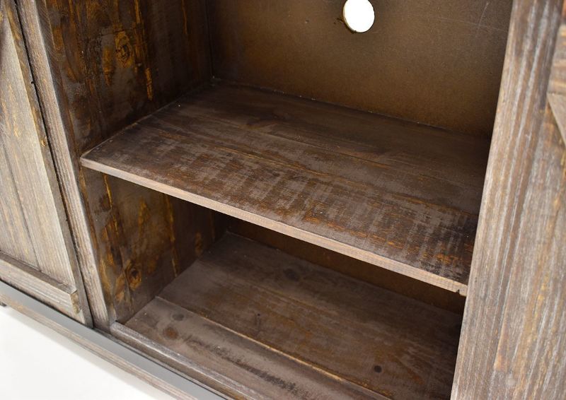 Close Up View of the Center Media Shelf on the Diego 60” TV Stand in Barnwood Brown by Vintage Furniture | Home Furniture Plus Bedding