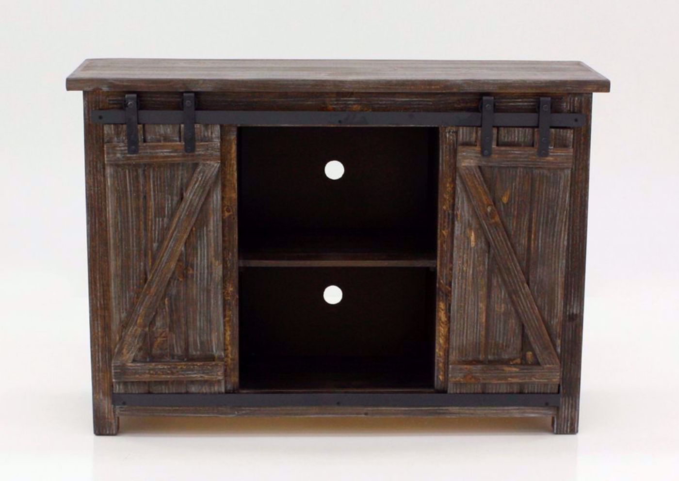 Front Facing View of the Open Doors on the  Diego 50” TV Stand in Barnwood Brown by Vintage Furniture | Home Furniture Plus Bedding