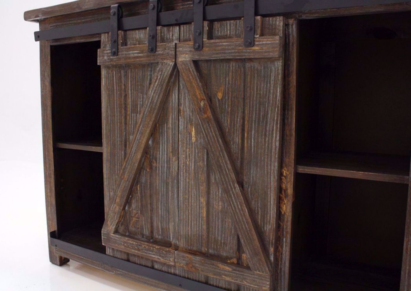 Close Up View of the Sliding Barn Doors on the Diego 50” TV Stand in Barnwood Brown by Vintage Furniture | Home Furniture Plus Bedding