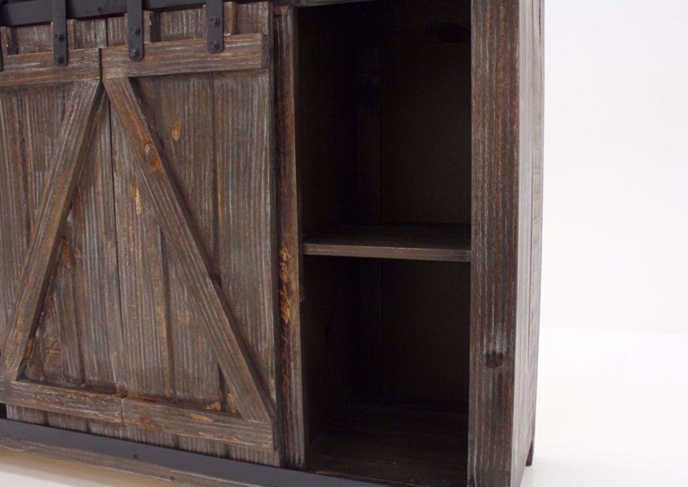 Close Up View of the Sliding Barn Doors and Side Shelf on the Diego 50” TV Stand in Barnwood Brown by Vintage Furniture | Home Furniture Plus Bedding