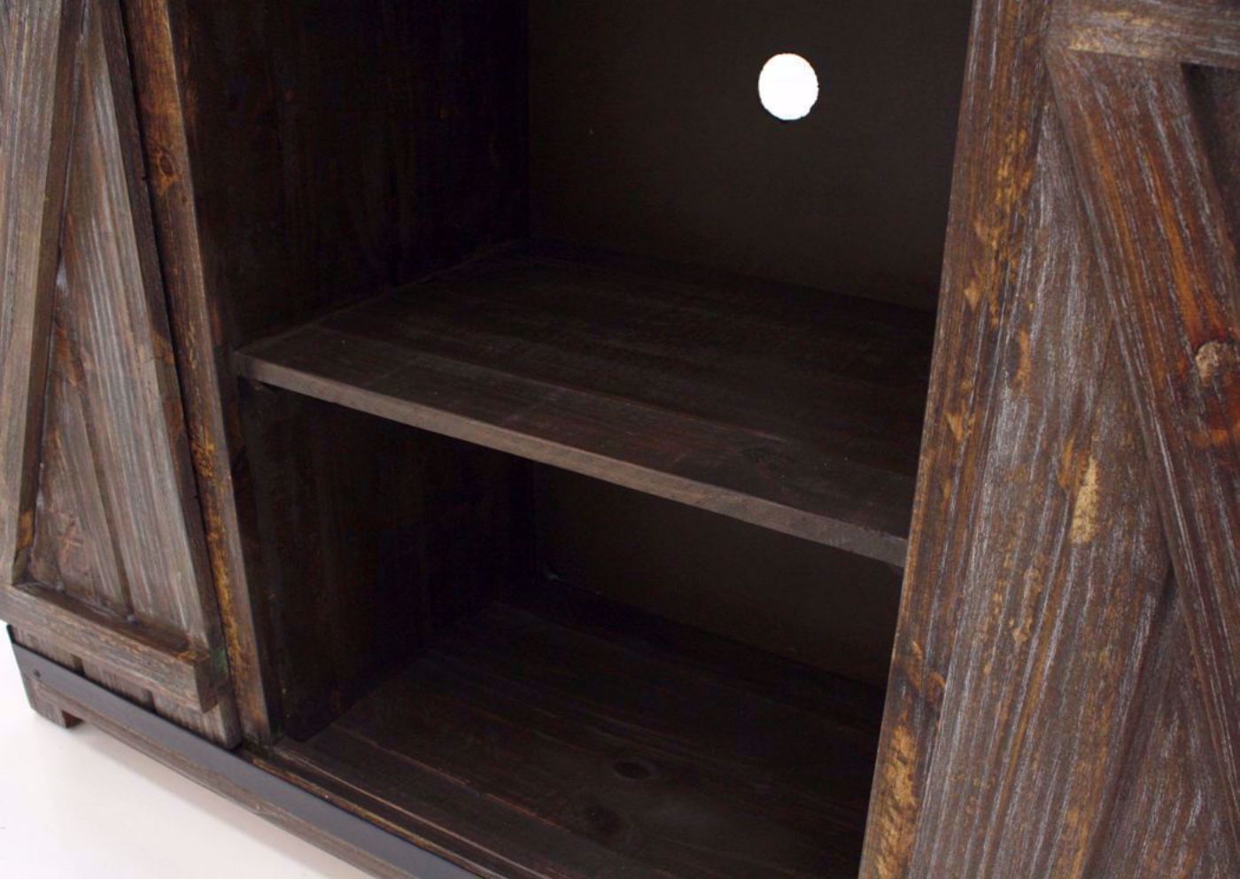Close Up View of the Center Media Shelf on the Diego 50” TV Stand in Barnwood Brown by Vintage Furniture | Home Furniture Plus Bedding