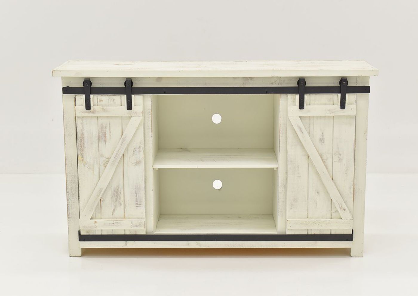 Front Facing View of the Open Doors on the Diego 60” TV Stand in Rustic White by Vintage Furniture | Home Furniture Plus Bedding