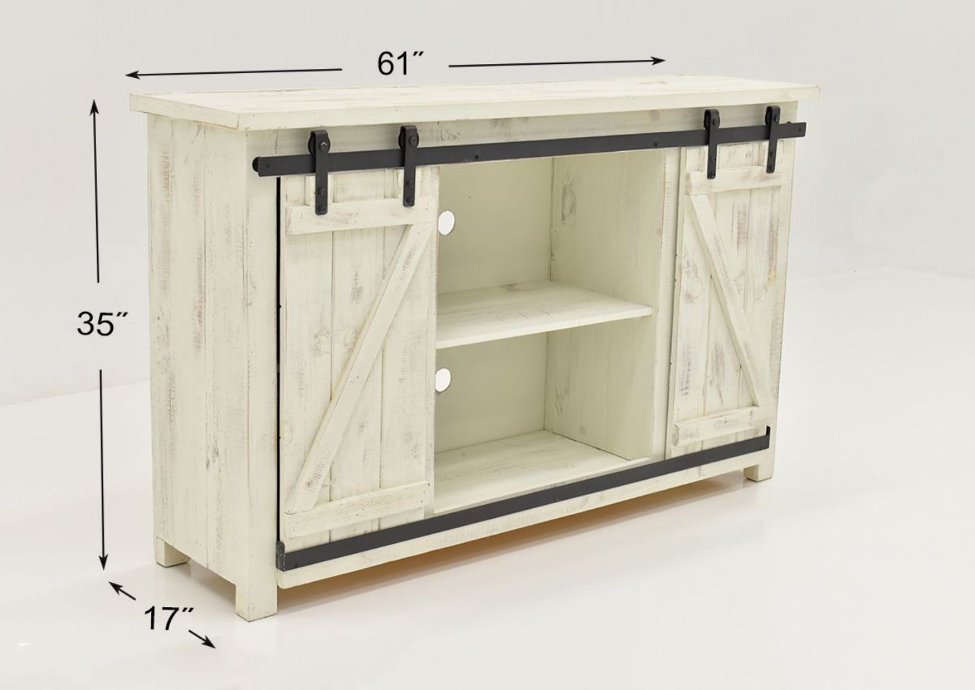 Angled View with Dimensions of the Diego 60” TV Stand in Rustic White by Vintage Furniture | Home Furniture Plus Bedding