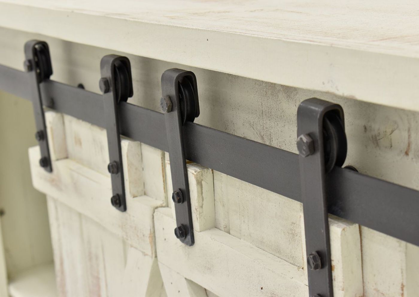 Close Up View of the Black Metal Hardware on the Diego 60” TV Stand in Rustic White by Vintage Furniture | Home Furniture Plus Bedding