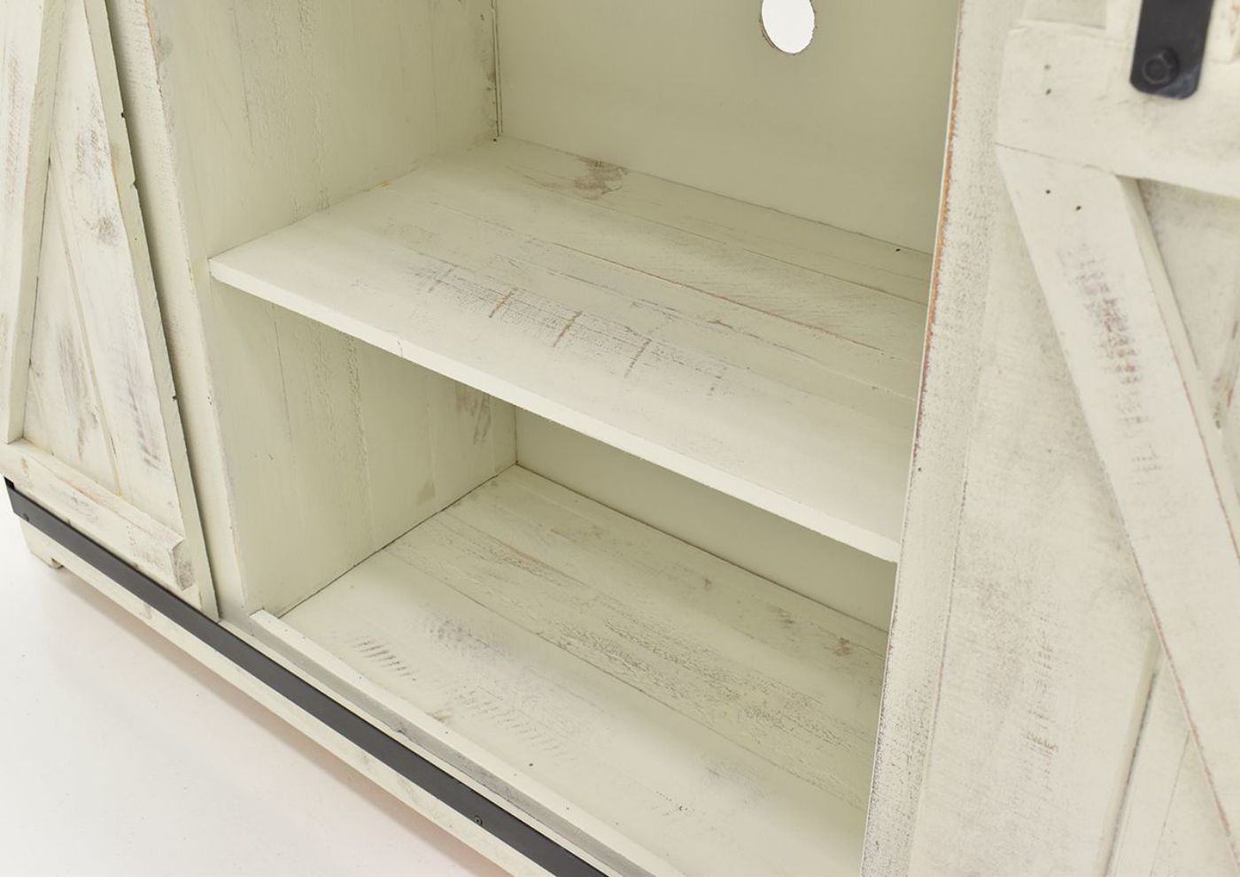 Close Up View of the Center Media Shelf on the Diego 60” TV Stand in Rustic White by Vintage Furniture | Home Furniture Plus Bedding