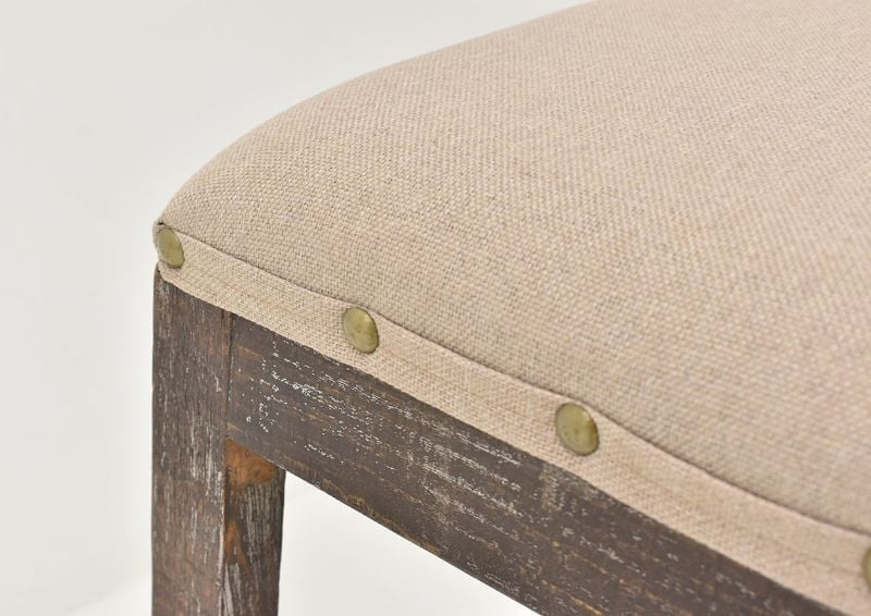 Closeup View of the Upholstered Seat and Nailhead Trim on the Brooks Barstool in Barnwood by Vintage Furniture, LLC. | Home Furniture Plus Bedding