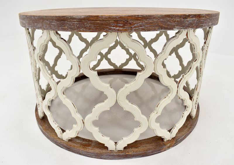 Brown and White Brocade Coffee Table by Vintage Furniture Showing the Base Detail | Home Furniture Plus Bedding