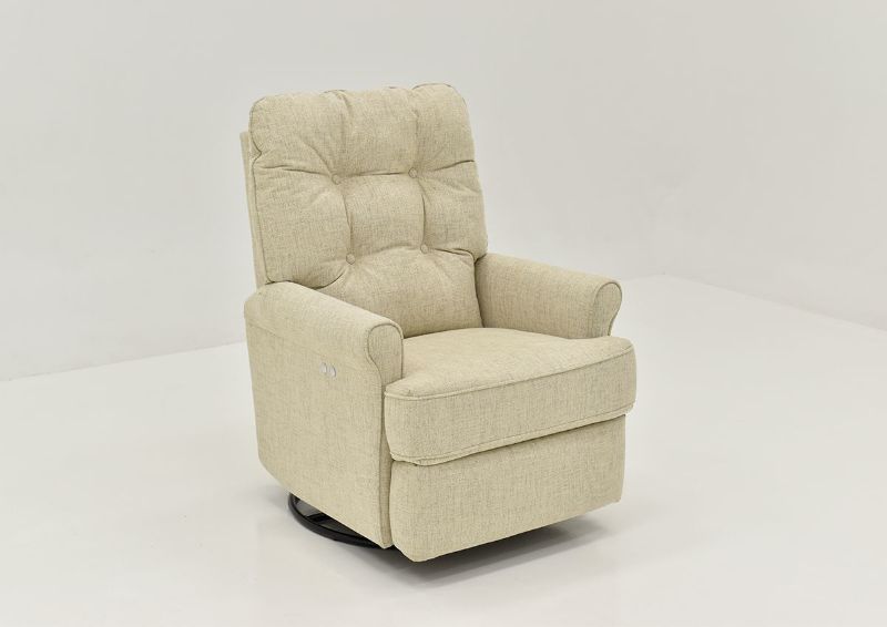 Angled View of the Carissa POWER Swivel Glider Recliner in Linen by Best Home Furnishings | Home Furniture Plus Bedding