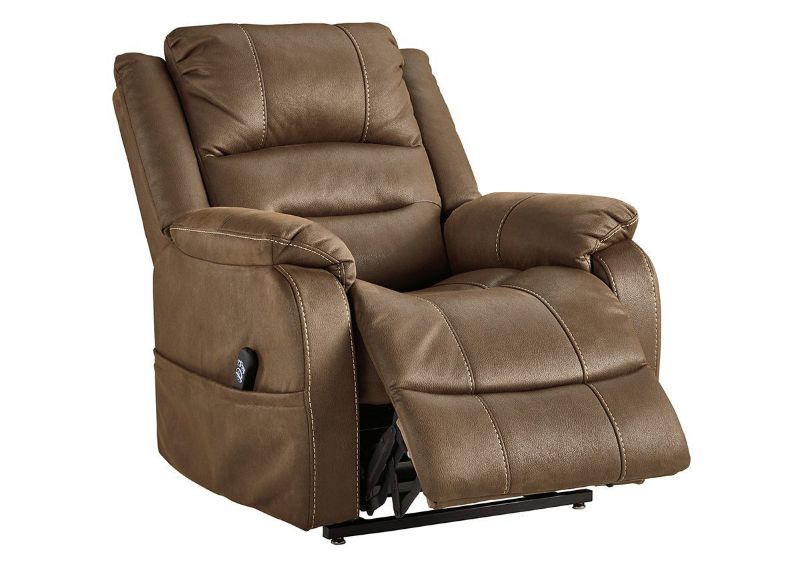 Slightly Angled View of the Whitehill POWER Lift Recliner in Chocolate Brown by Ashley Furniture with Foot Raised | Home Furniture Plus Bedding