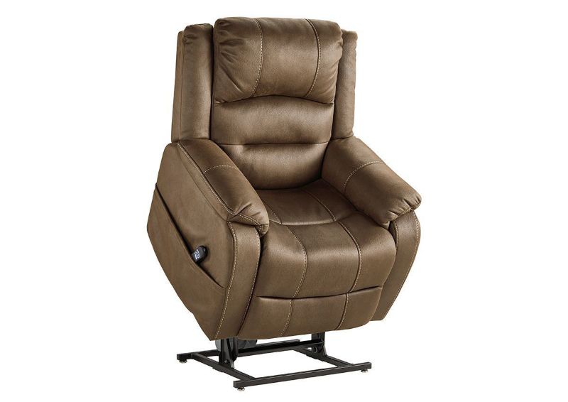 Slightly Angled View of the Raised Whitehill POWER Lift Recliner in Chocolate Brown by Ashley Furniture | Home Furniture Plus Bedding