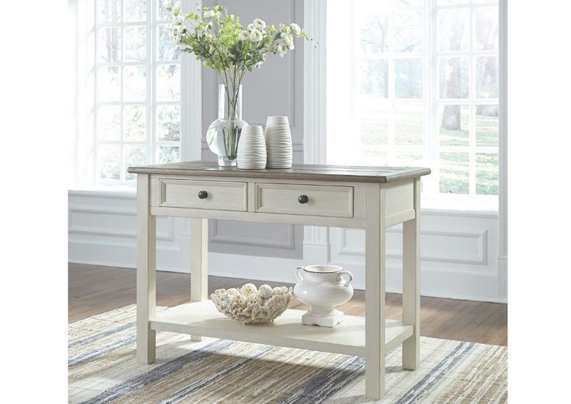 Styled Room View of the Bolanburg Sofa Table in White by Ashley Furniture | Home Furniture Plus Bedding