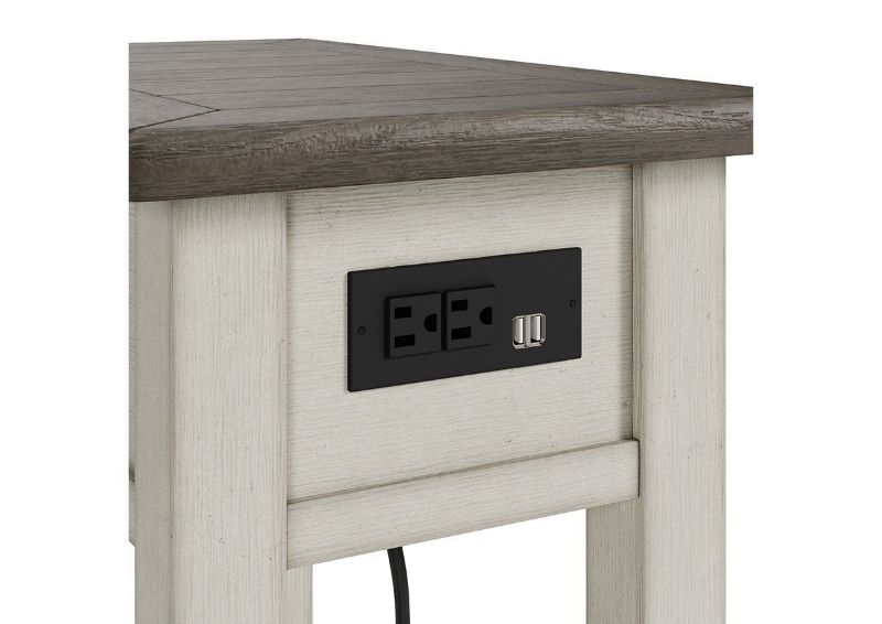 Angled Back View of the Bolanburg Chairside End Table by Ashley Furniture with Close Up of USB Ports and Electrical Outlets | Home Furniture Plus Bedding