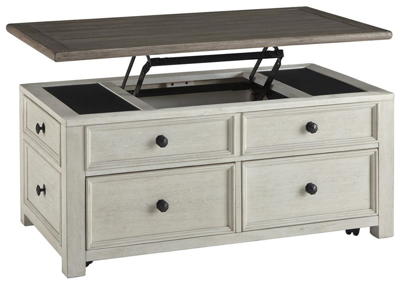 Angled Front  View of the Bolanburg Lift-Top Coffee Table by Ashley Furniture with Tabletop Raised | Home Furniture Plus Bedding