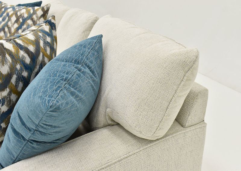 Closeup Angled View of the Rowan Sofa in Off White by Franklin Furniture Showing Back Cushion, Arm, and Pillows | Home Furniture Plus Bedding