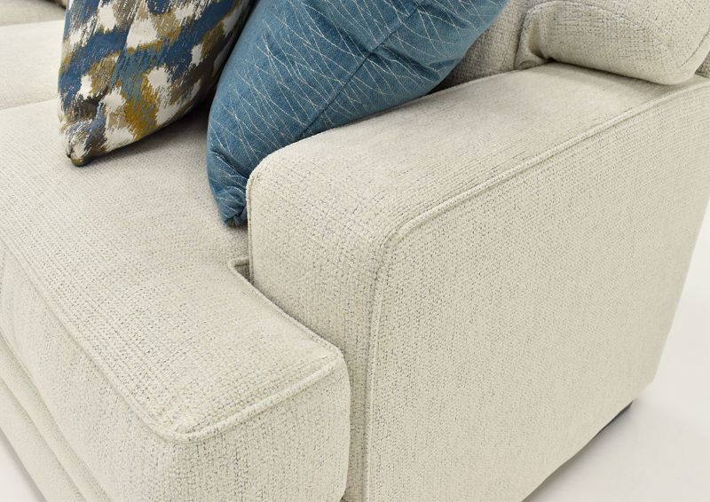 Closeup Angled View of the Rowan Loveseat in Off White by Franklin Furniture Showing Seat Cushion, Arm, and Pillows | Home Furniture Plus Bedding
