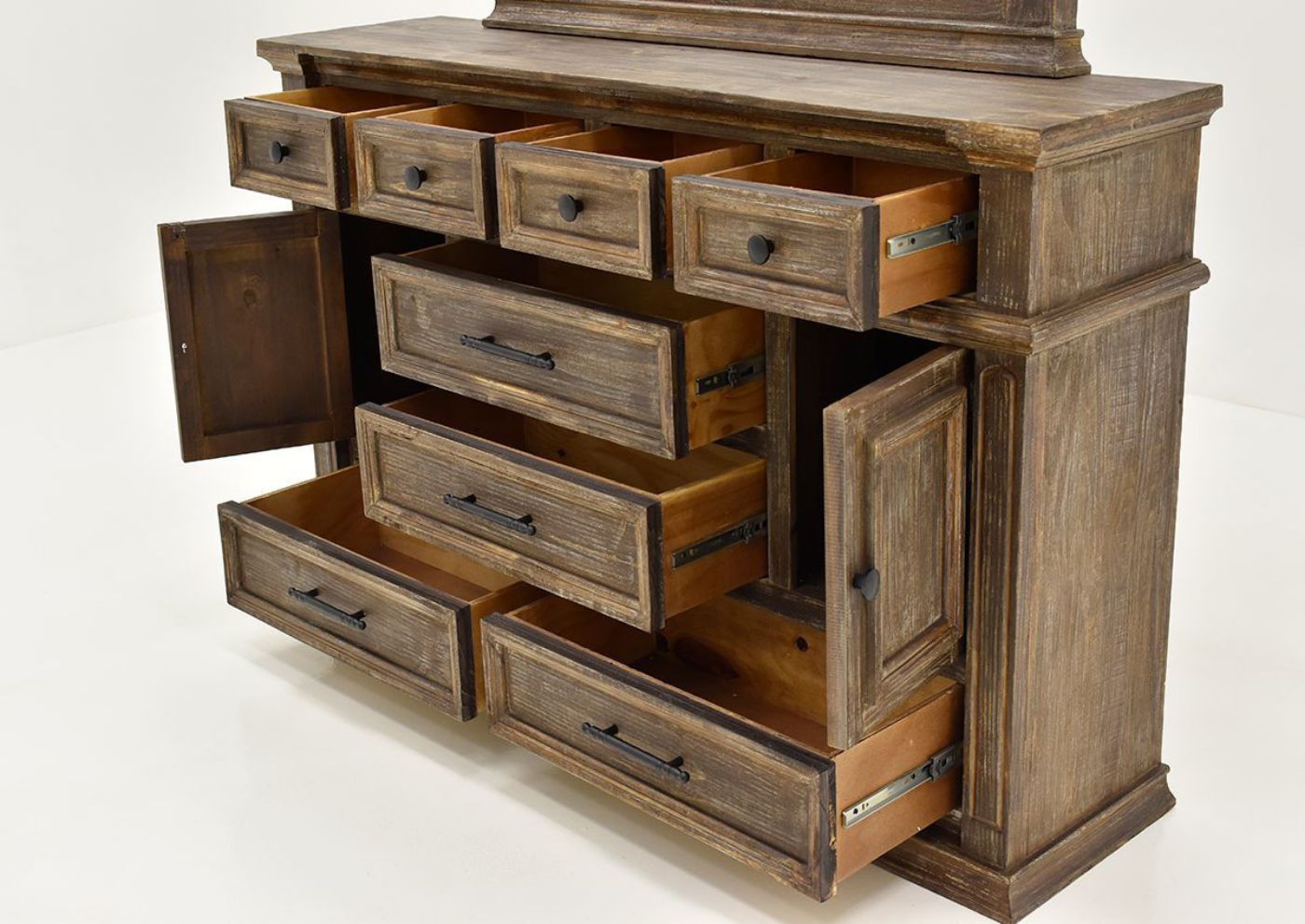 Barnwood Brown Vienna Dresser with Mirror by Vintage Furniture Showing the Dresser with Opened Drawers and Doors | Home Furniture Plus Bedding