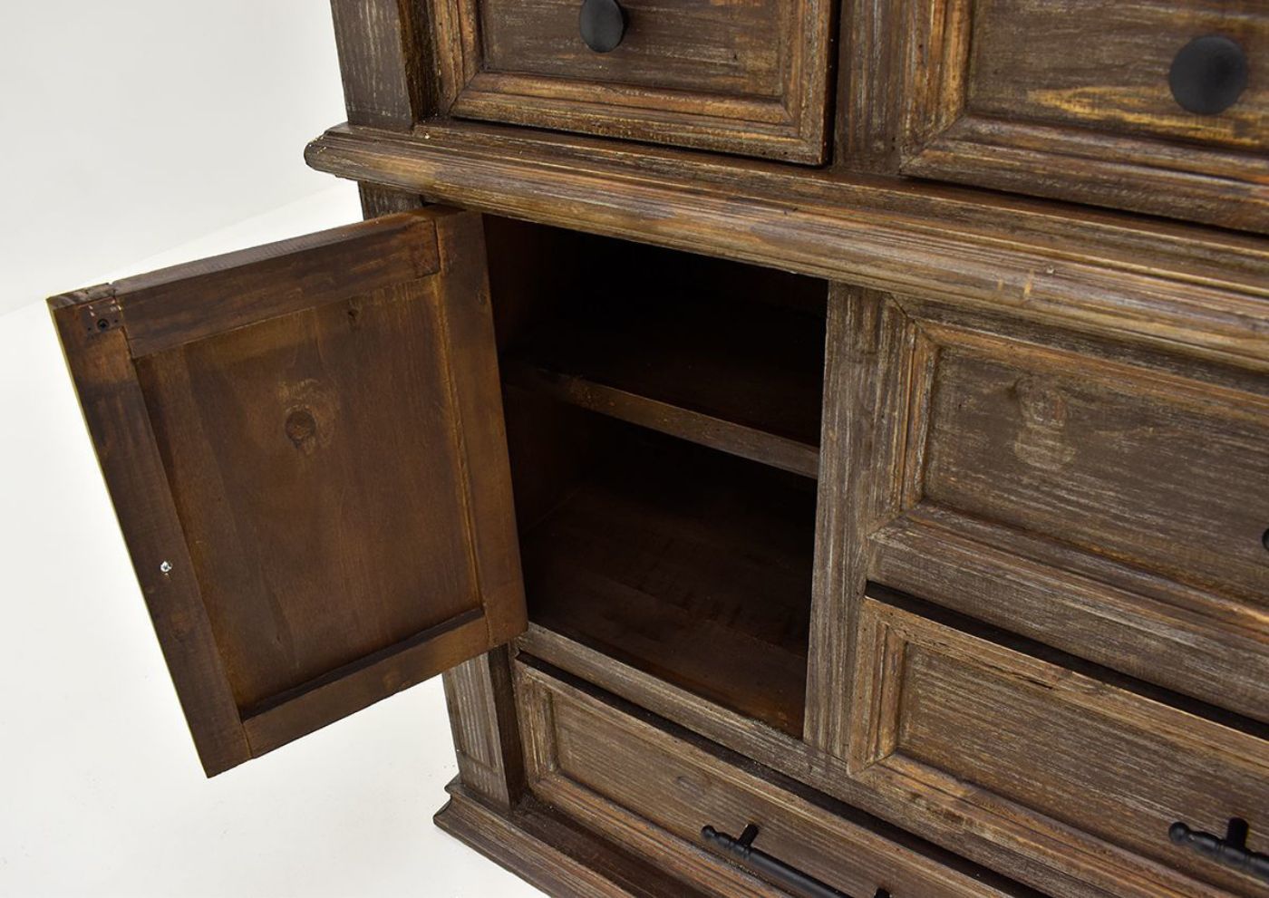 Barnwood Brown Vienna Dresser with Mirror by Vintage Furniture Showing Close Up of Open Door | Home Furniture Plus Bedding