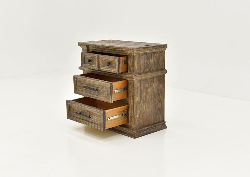 Barnwood Brown Vienna Nightstand by Vintage Furniture Angle View with Opened Drawers| Home Furniture Plus Bedding