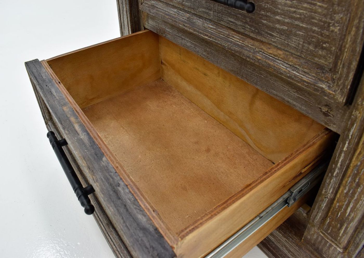 Barnwood Brown Vienna Nightstand by Vintage Furniture Close Up View with Open Drawer| Home Furniture Plus Bedding