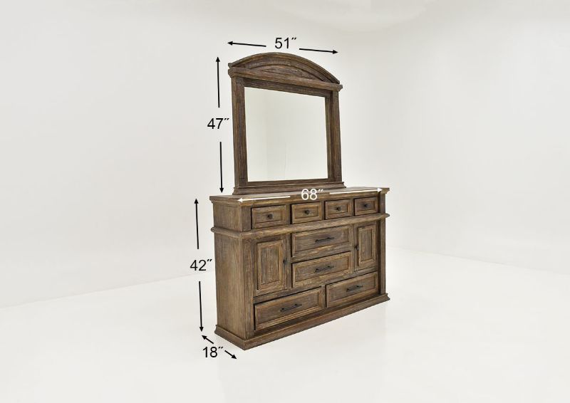 Barnwood Brown Vienna Queen Size Bedroom Set by Vintage Furniture Showing the Dresser with Mirror Dimensions | Home Furniture Plus Bedding