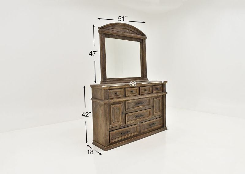 Barnwood Brown Vienna King Size Bedroom Set by Vintage Furniture Showing the Dresser with Mirror Dimensions | Home Furniture Plus Bedding