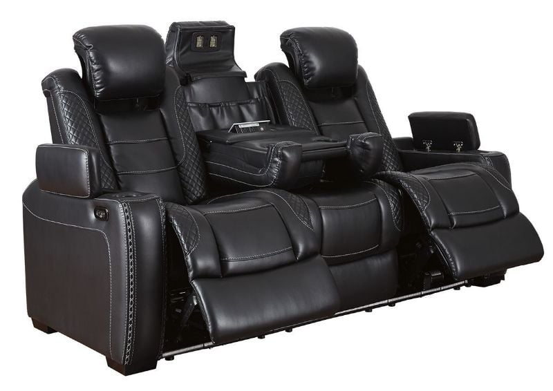 Angled View of the Opened Party Time POWER Reclining Sofa in Midnight Black by Ashley Furniture | Home Furniture Plus Bedding