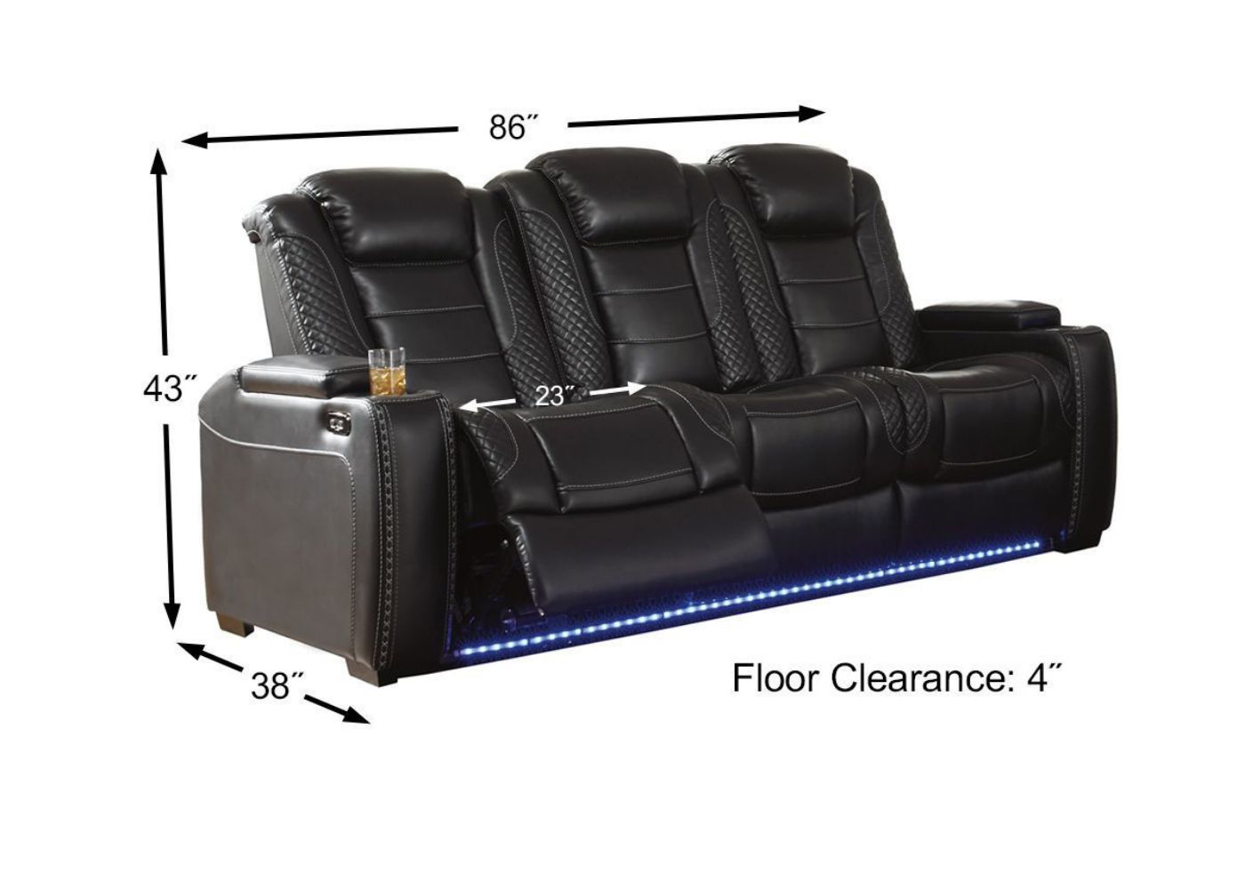 Dimension Details of the Party Time POWER Reclining Sofa in Midnight Black by Ashley Furniture | Home Furniture Plus Bedding