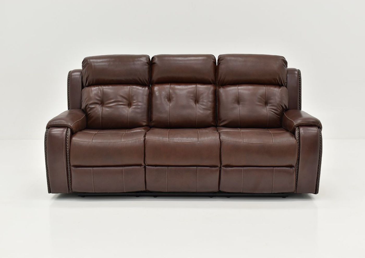 Front Facing View of the Rosewood Leather Reclining Sofa in Warm Brown by Behold Home | Home Furniture Plus Bedding