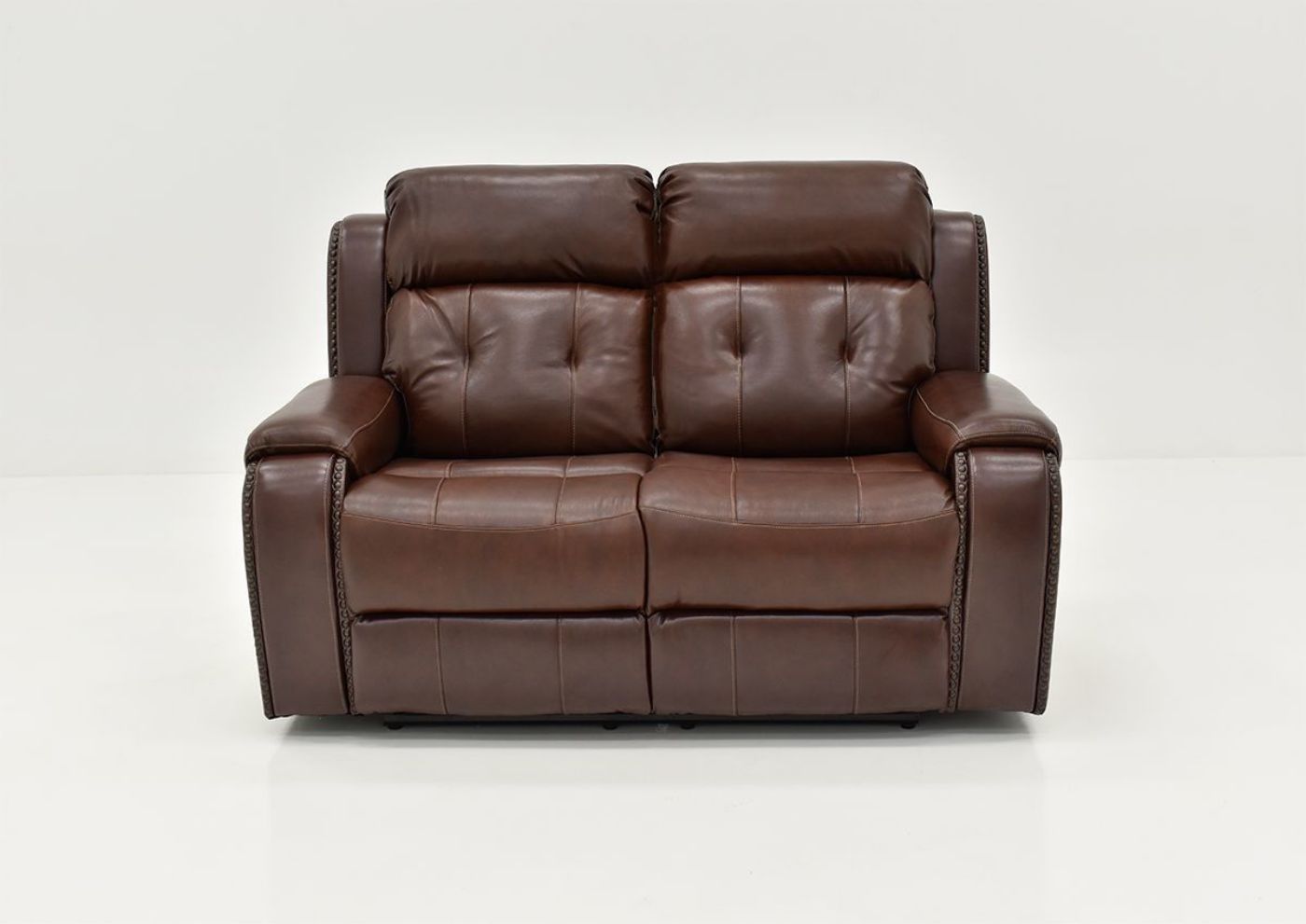 Front Facing View of the Rosewood Leather Reclining Loveseat in Warm Brown by Behold Home | Home Furniture Plus Bedding