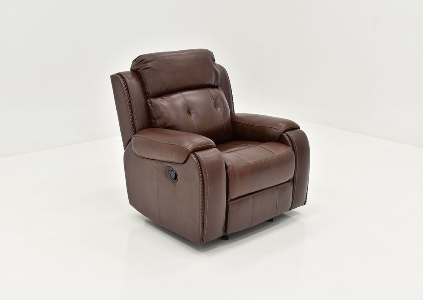 Angle View of the Rosewood Leather Recliner in Warm Brown by Behold Home | Home Furniture Plus Bedding