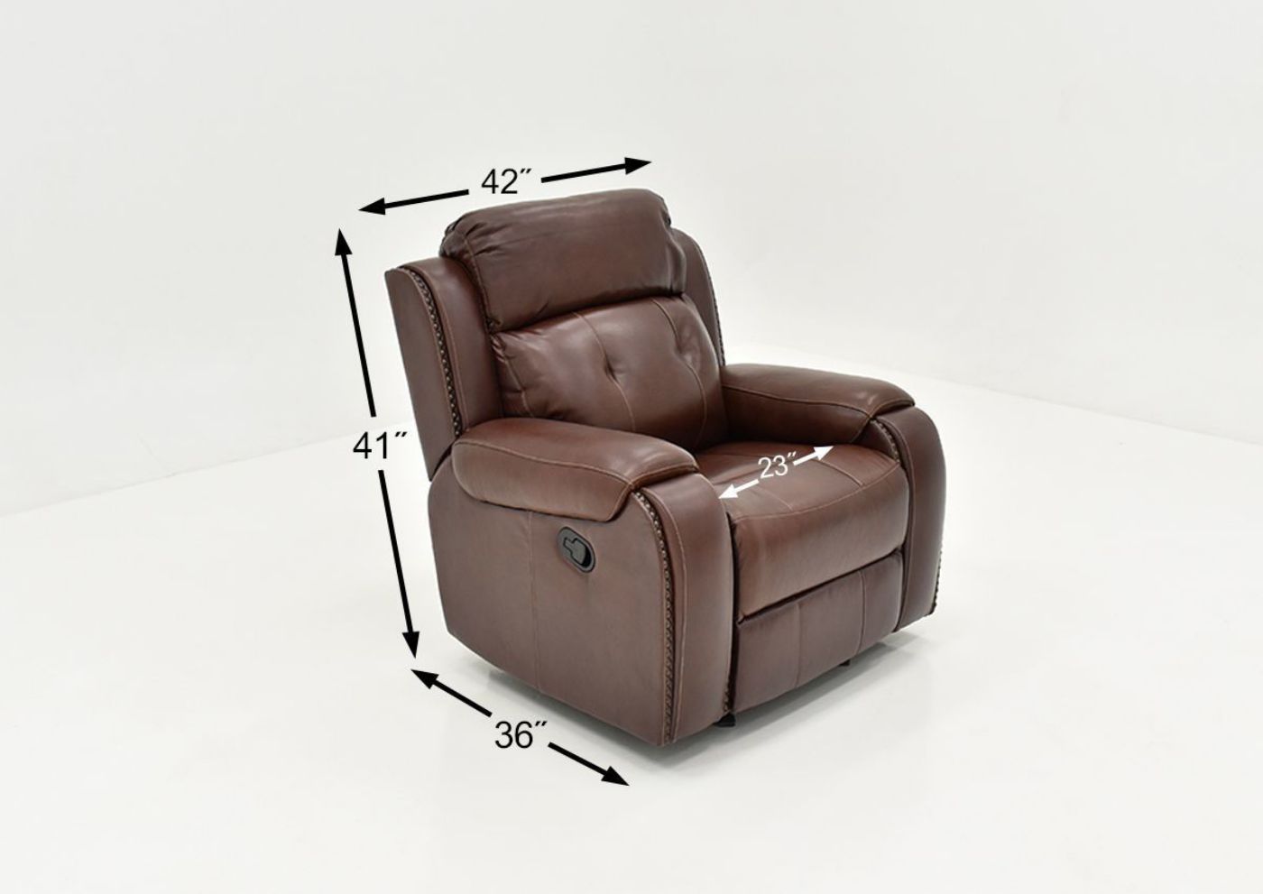 Dimension Details of the Rosewood Leather Recliner in Warm Brown by Behold Home | Home Furniture Plus Bedding