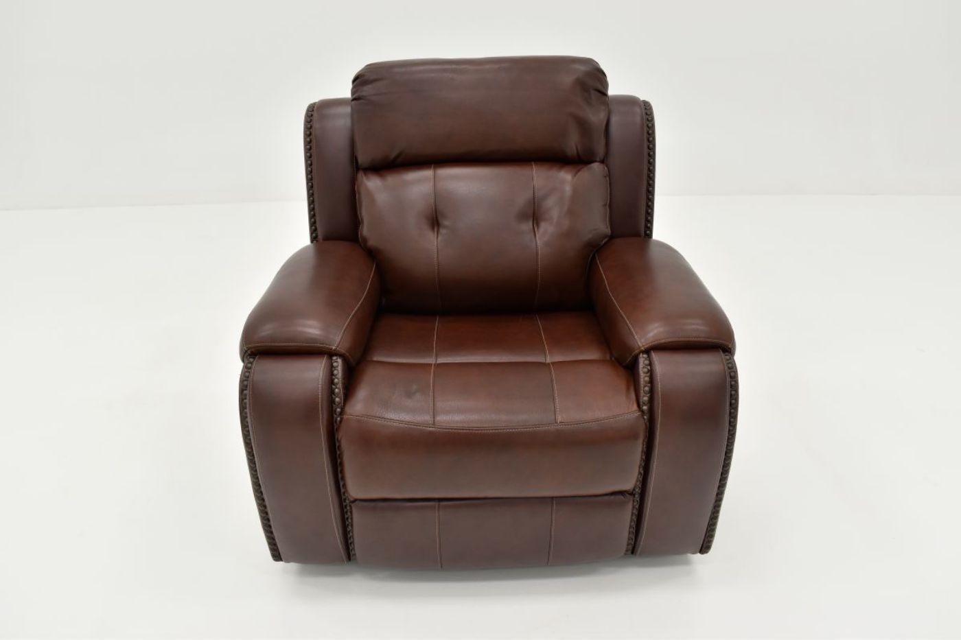 Front Facing Overhead View of the Rosewood Leather Recliner in Warm Brown by Behold Home | Home Furniture Plus Bedding