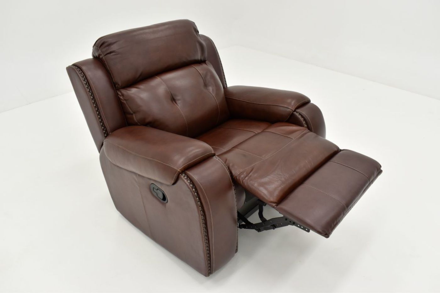 Angle View of the Reclined Rosewood Leather Recliner in Warm Brown by Behold Home | Home Furniture Plus Bedding