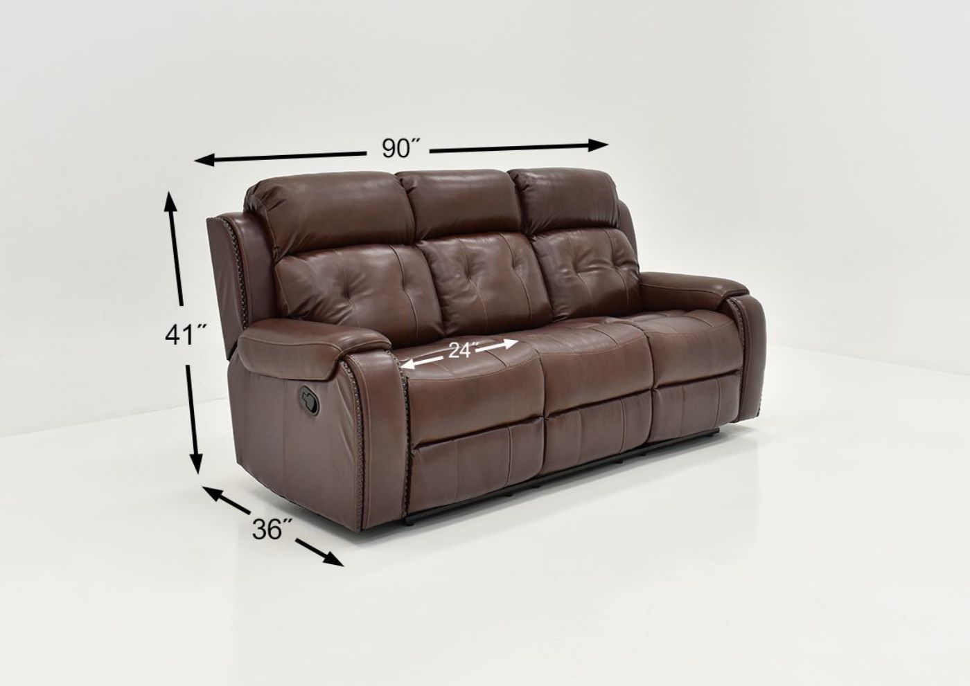 Dimension Details of the Rosewood Leather Reclining Sofa in Warm Brown by Behold Home | Home Furniture Plus Bedding
