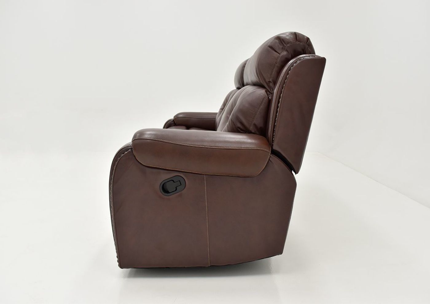 Side View of the Rosewood Leather Reclining Sofa in Warm Brown by Behold Home | Home Furniture Plus Bedding